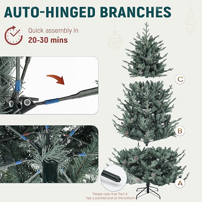 YITAHOME 7.5FT Prelit Blue Christmas Tree with Remote, Pre-Decorated Artificial Hinged Hillside Spruce Holiday Xmas Tree with 51 Pine Cones, 500 Lights & 11 Light Modes