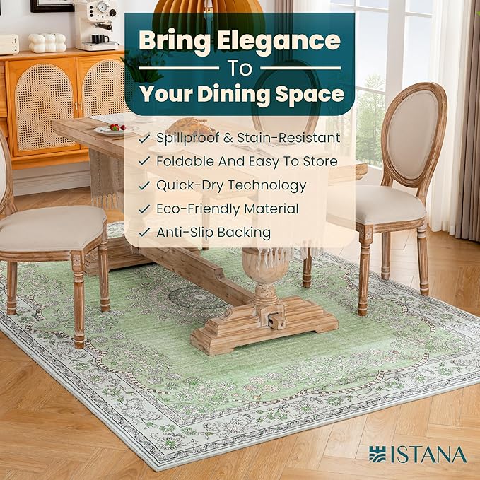 Istana 6x9 Area Rug - Green Rugs for Living Room 6x9 - Foldable Boho Rugs for Bedroom - Stain Resistant Washable Rug - Eco-Friendly Area Rugs - Easy to Clean Living Room Rug