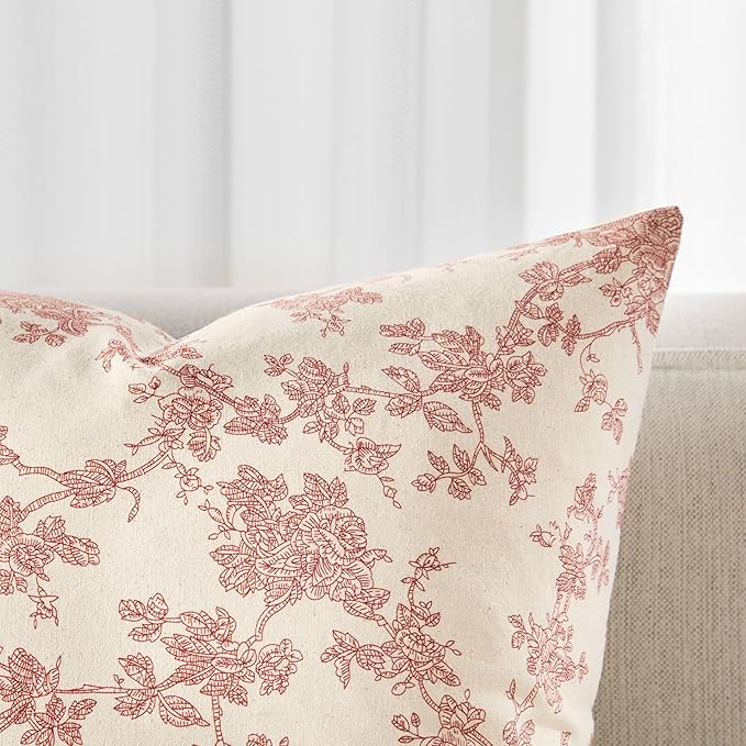 100% Cotton French Pastoral Lumbar Throw Pillow Covers Set of 2, 12x20 Inch Red Farmhouse Decorative Cushion Covers for Sofa Bed Living Room Home Decor
