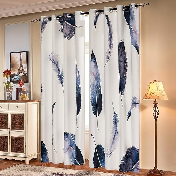 SUBRTEX Light Flitering Curtains 52Wx95L, Room Darkening Vibrant Floral Drapes, 50% Blackout, Semi Sheer Boho Farmhouse Curtains for Living Room, White