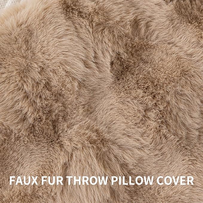 Faux Fur Throw Pillow Covers(Pack of Two, Khaki) 18×20 Inch Decorative Pillows Cover Neutral Soft Chenille Couch Pillows with Zipper Aesthetic for Living Room and Bedroom