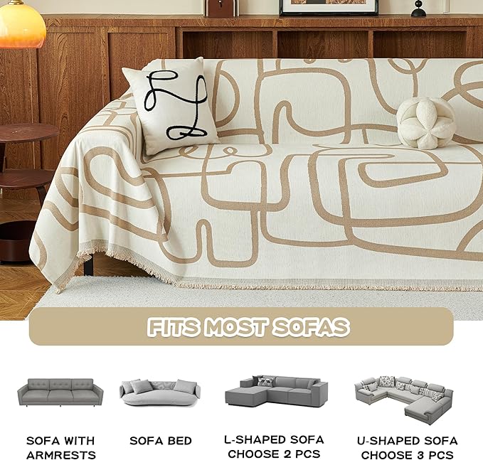 MEETSKY Washable Sofa Cover Boho Geometric Line Chenille Couch Cover for 2 Cushion L Shape Sofa Recliner Sofa Slipcovers with Tassel Thick Couch Protector for Home Decor, 71" x 118", Khaki