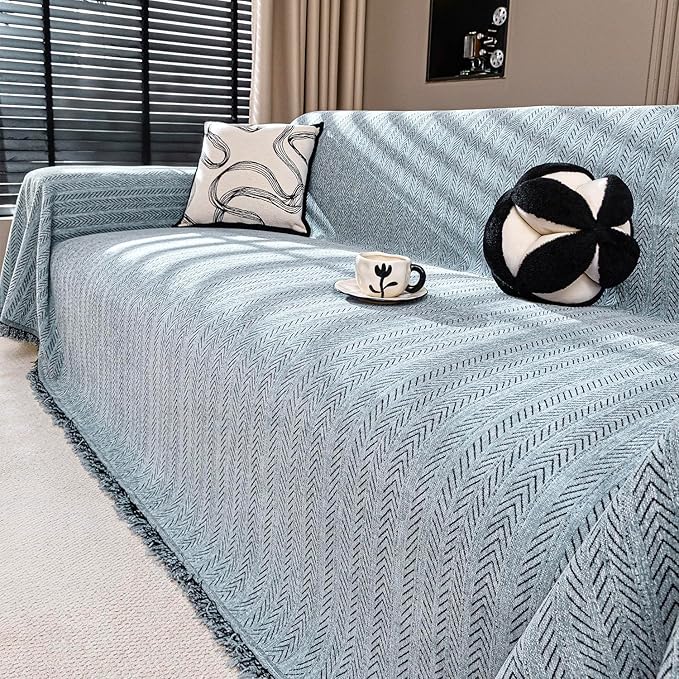 Nobildonna Sofa Cover Washable Soft Thicken Chenille Couch Cover with Tassel,Waterproof Sofa Slipcover for 2-3 Cushion Couch,Sectional Sofa,L-Shaped Furniture Protector Pet-Friendly,Dusty Blue91 x118
