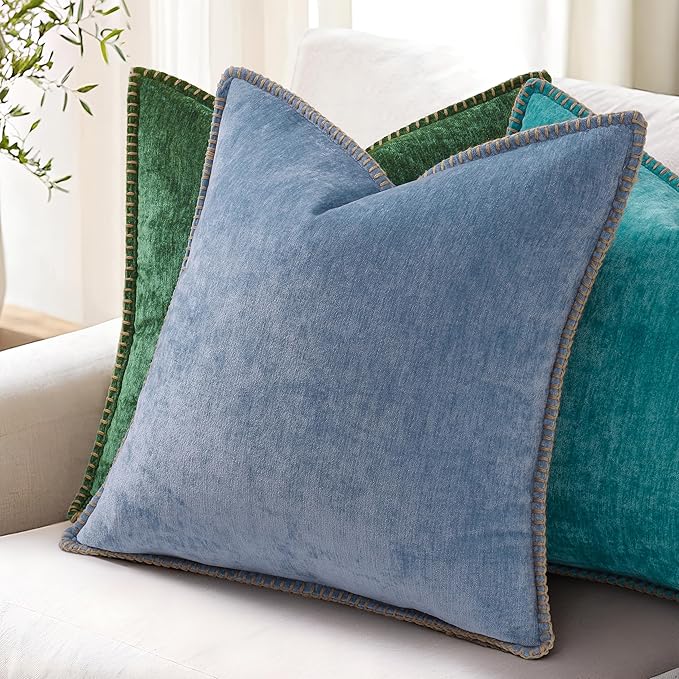 decorUhome Christmas Chenille Soft Throw Pillow Covers 20x20 Set of 2, Farmhouse Velvet Neutral Decorative Euro Pillow Covers with Stitched Edge for Couch Sofa Bed Home Decor, Green