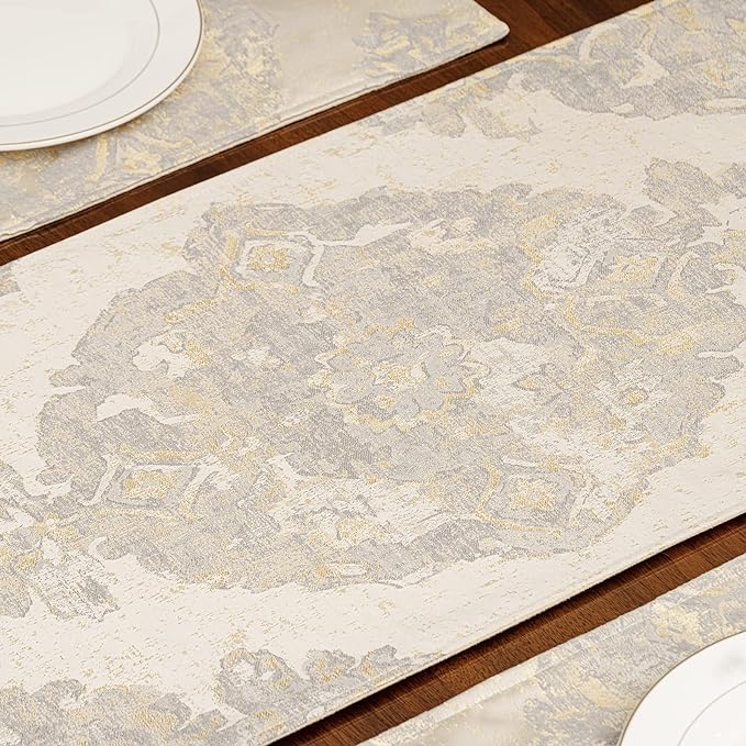 Loom and Mill Luxury Table Runner 108 inches Long, Elegant Damask Jacquard Table Runners with Handmade Multi-Tassels for Dining Room Dresser Party Holiday Banquet Decoration(Beige,13x108 inch)