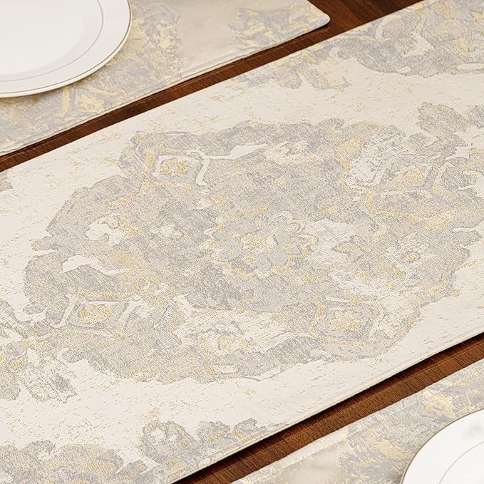 Loom and Mill Luxury Table Runner 90 inches Long, Elegant Damask Jacquard Table Runners with Handmade Multi-Tassels for Dining Room Dresser Party Holiday Banquet Decoration(Beige, 13x90 inch)