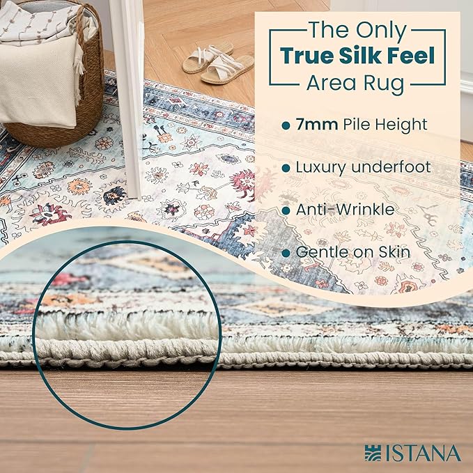 Istana Hallway Runner Rug 2.5x8 – White Cream/Blue Entryway Rug -Silk's Soft Touch Runners for Hallways - Stylish Kitchen Runner Rug Non Slip