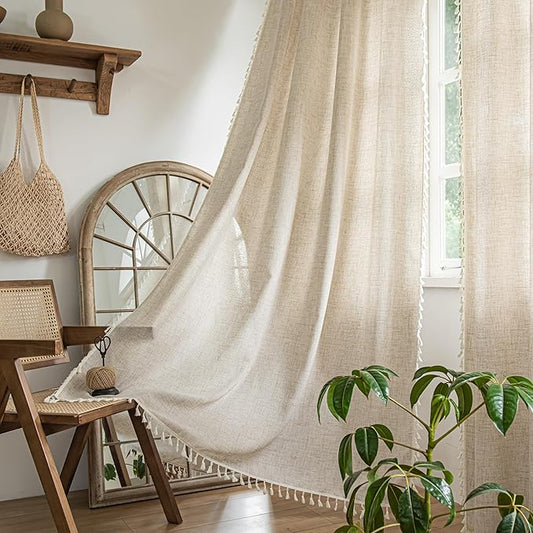 Sutuo Home Boho Curtains 84 Inches Long, Bohemian Linen Style Textured Curtains with Tassels for Bed Room Semi Blackout Farmhouse Drapes, Rod Pocket Window Treatments 2 Panels, 52" x 84", Natural