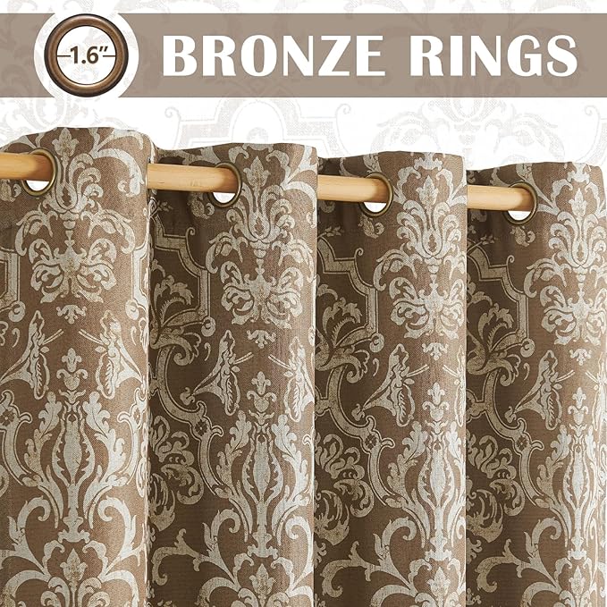 jinchan Room Darkening Curtains for Bedroom Brown Damask Patterned Curtains 108 Inch Length for Living Room Linen Textured Vintage 9FT Long Drapes Medallion Window Treatments Grommet Top 2 Panels Set