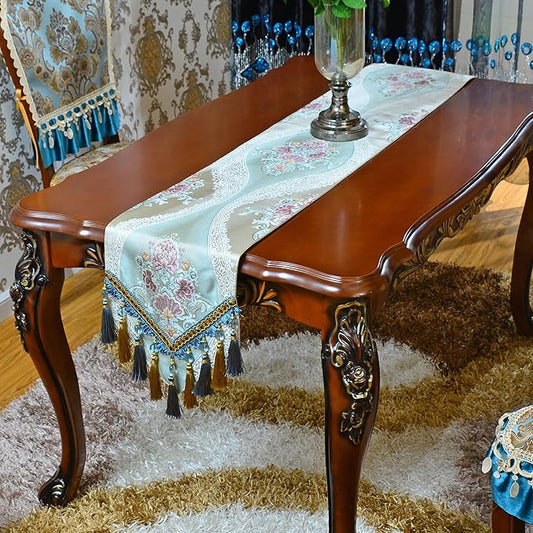 Luxury Velvet Blue Table Runner 120 Inches Long with Vintage Damask Jacquard Design for Dining Room,Living Room,Home Decor,Elegant Beaded Tapestry,Lining (X-Blue, 13×120 inch)