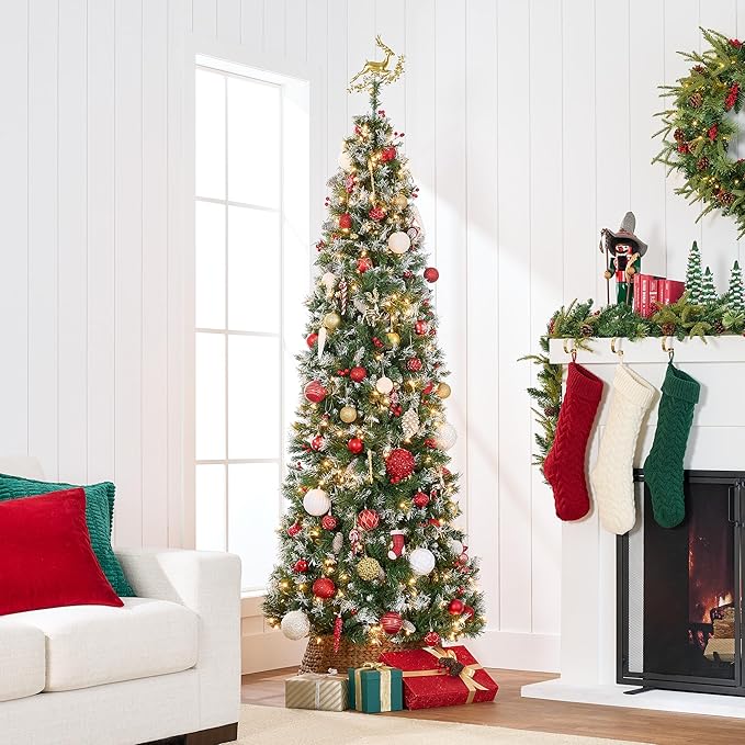 Best Choice Products 7.5ft Pre-Lit Pencil Christmas Tree, Partially Flocked Pre-Decorated for Home, Skinny Frosted Holiday Tree w/ 1,075 Tips, 350 Lights, Pine Cones, Metal Hinges & Base