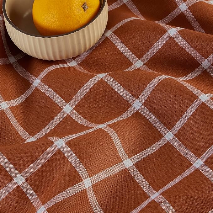 Solino Home Linen Plaid Tablecloth 52 x 52 Inch - 100% Pure Linen Windowpane Cinnamon Table Throw - Machine Washable Square Table Cloth for Fall, Autumn, Thanksgiving, Holiday
