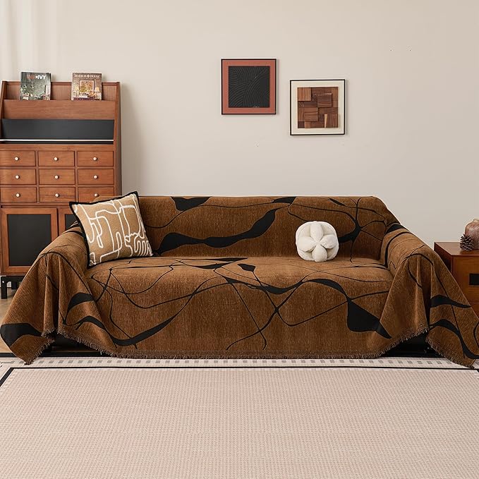 MEETSKY Couch Cover Washable for Dogs, Chenille Loveseat Sofa Covers Pet Friendly Marble Patterned Couch Covers Thick Dark Brown Soft Slipcover, 71" x 118"