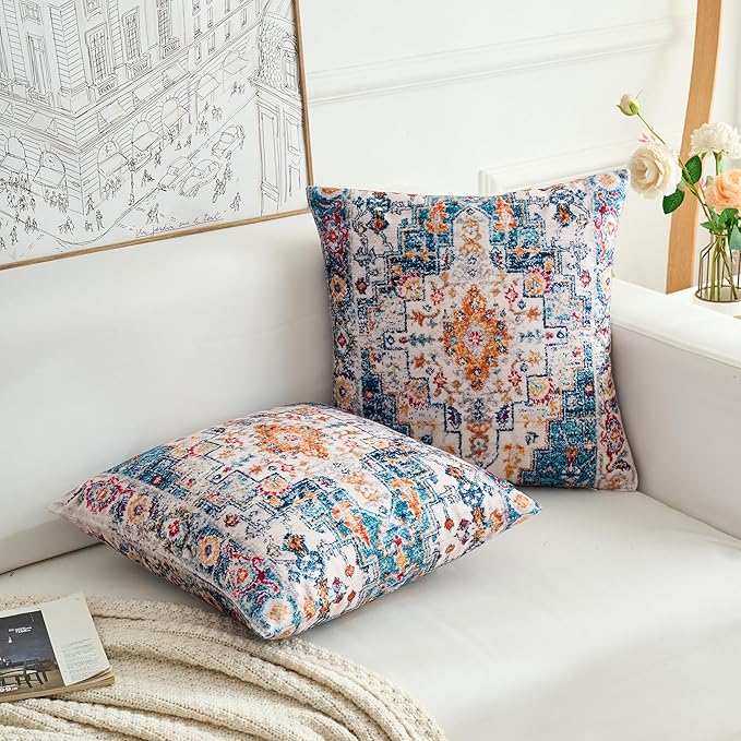 Boho Throw Pillow Covers 24x24 inch Set of 2,Boho Vintage Carpet Pattern Antique Ethnic Decor Double Sided Pattern Cushion Cover Soft Pillow Case Living Sofa Room Bed Square Pillow Cover