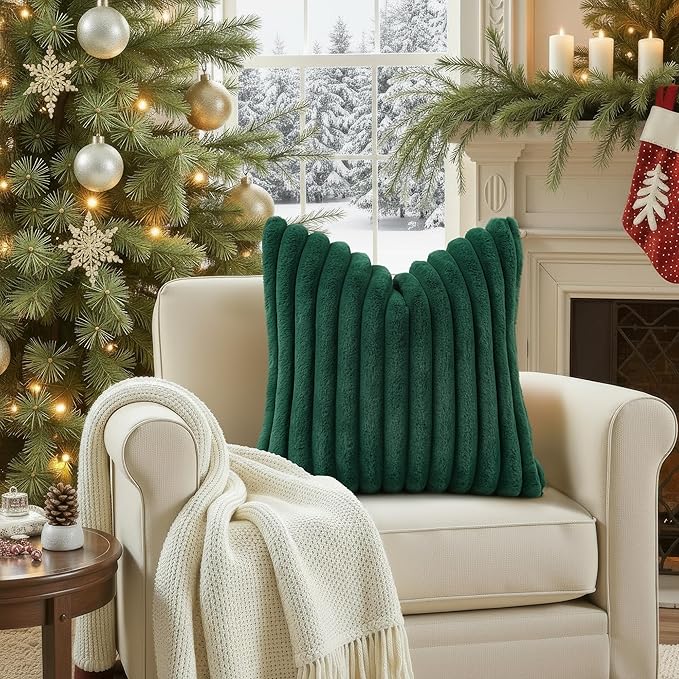 decorUhome Faux Fur Christmas Throw Pillow Covers 20x20 Set of 2, Decorative Soft Plush Striped Neutral Couch Euro Pillow Covers with Velvet Back for Sofa, Bed, Living Room Home Decor, Christmas Green