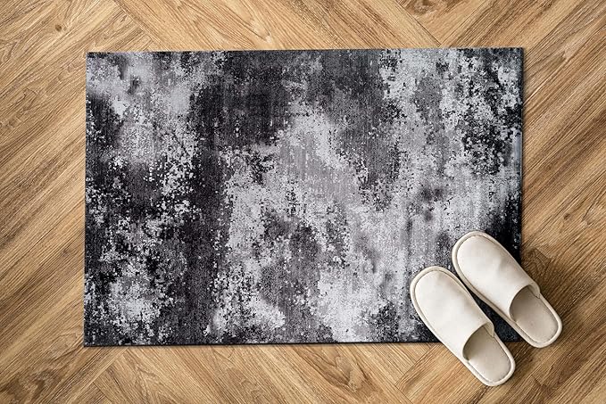 Non Slip Rugs 2x3 Modern Abstract Easy Silk Rubber Backing Soft Entryway Area Rug for Door Mat Easy to Clean Non Shedding Kitchen for Bedroom Indoor Carpet (Gray - Black, 2x3)