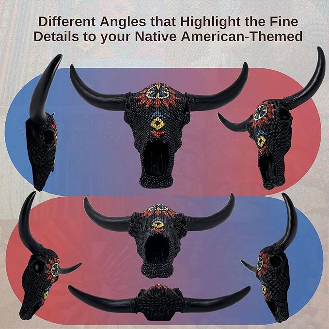 BestGiftEver Wall Sculpture Black Beaded Bull Skull - Steer Head Southwestern Rustic Aztec Tribal Style Wall Decor - Cow Skull Western Native American Home Decor for Hunting Enthusiasts