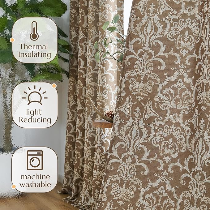 jinchan Room Darkening Curtains for Bedroom Brown Damask Patterned Curtains 108 Inch Length for Living Room Linen Textured Vintage 9FT Long Drapes Medallion Window Treatments Grommet Top 2 Panels Set