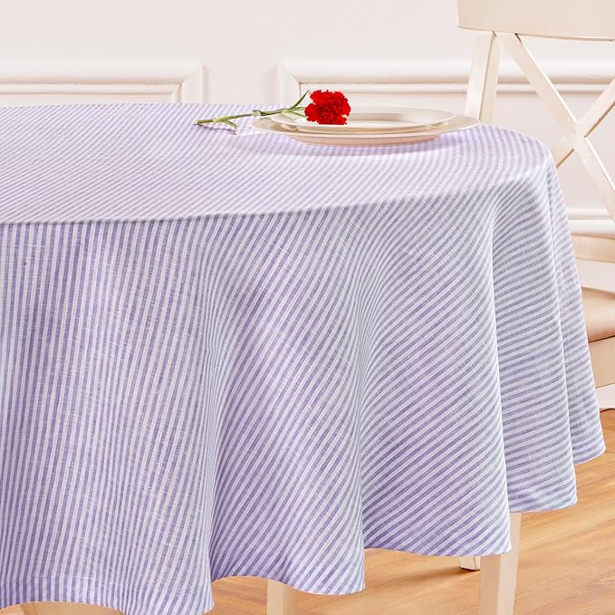 Solino Home Linen 60 Inch Round Tablecloth - Narrow Stripe, 100% Pure Linen Lavender and White Round Tablecloth - Machine Washable Table Cloth