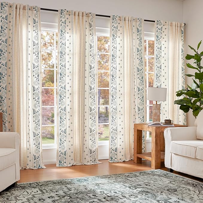 jinchan Winslow Lined Linen Curtains for Bedroom 84 Inches Linen Blended Embroidered Bordered Floral Curtains for Living Room Farmhouse Decor Window Treatments Blue on Beige Drapes 2 Panels