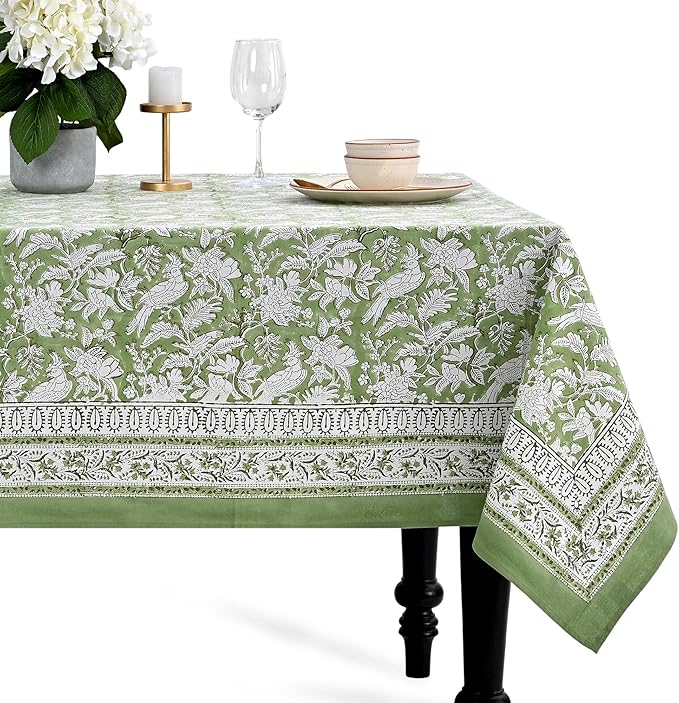 CPC Tablecloth 100% Cotton 60x60 Inch Indian Block Print Square Table Cover, Table Cloth for Weddings, Spring/Summer, Barbeque - Olive Green