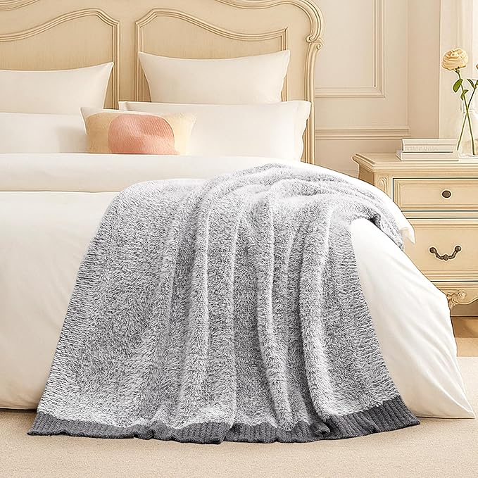 Amélie Home Knit Throw Blanket for Couch, Super Soft Cozy Fuzzy Throws for Sofa Bed Living Room, Luxury Cozy Fluffy Throw for Room Decor, 60" x 80", Heather Grey