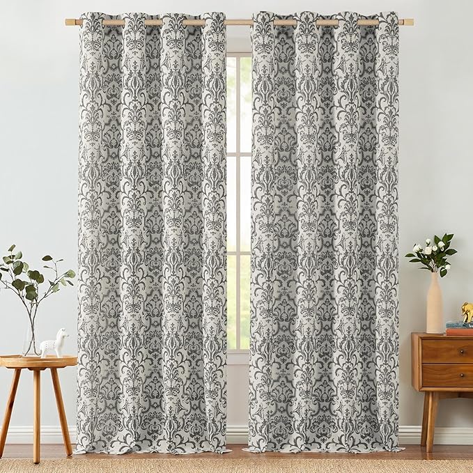 Jinchan Extra Long Linen Curtains for Living Room - Grey Damask Patterned 96 Inches Long for Bedroom - Light Filtering Vintage 8FT Drapes With Grommet Window Treatments - 2 Panels Set