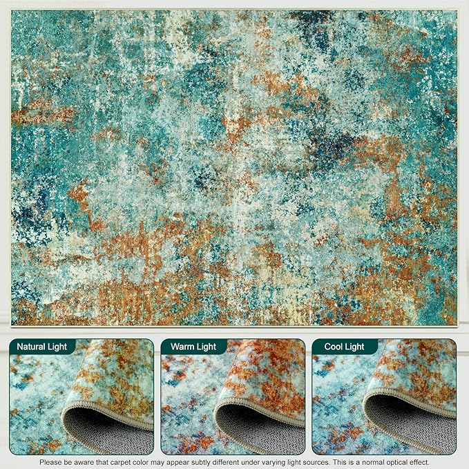 Washable Area Rugs for Living Room 8x10 - Large Neutral Modern Abstract Rug, Soft Low Pile Carpet with Non Slip Backing for Under Dining Room Table, Bedroom, Home, Office, Dorm - Teal Brick