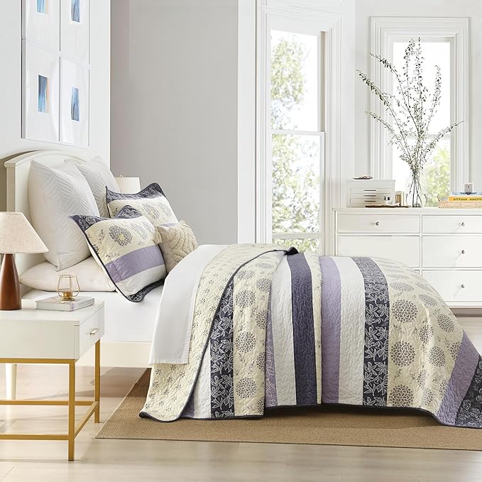 Homzard Cotton King Size Quilt Set,Purple Beige Quilted Comforter,Striped Floral Pattern Bedding Set,Lightweight Reversible 3 Piece Bedspread,3 Piece
