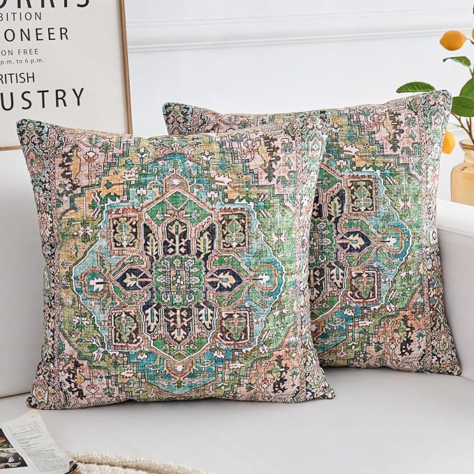 Boho Throw Pillow Covers 18x18 inch Set of 2,Boho Vintage Carpet Pattern Antique Ethnic Decor Double Sided Pattern Cushion Cover Soft Pillow Case Living Sofa Room Bed Square Pillow Cover