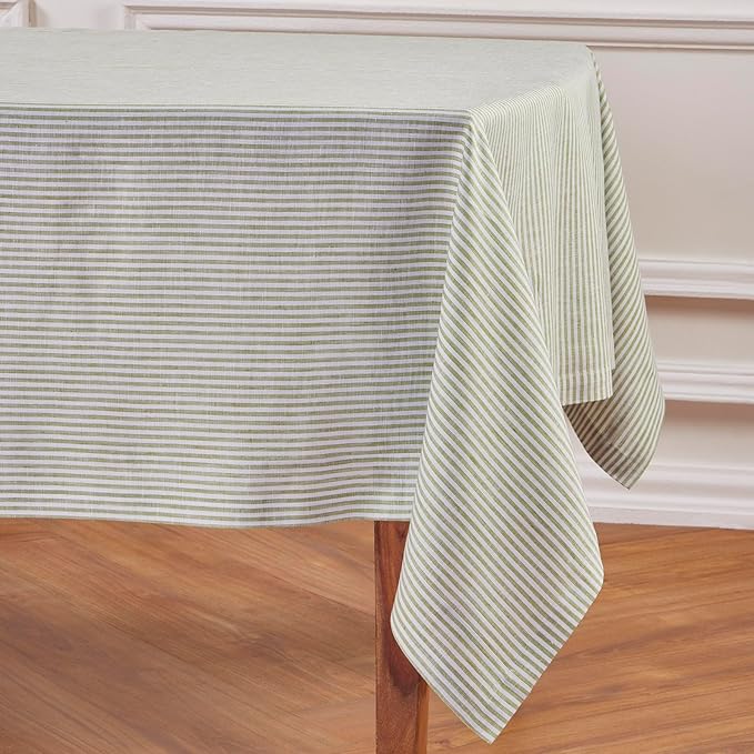 Solino Home Linen Tablecloth 60 x 132 Inch - Narrow Stripe 100% Pure Linen Avocado and White Table Cloth for Rectangle Tables - Machine Washable Tablecloth for Fall, Autumn, Thanksgiving