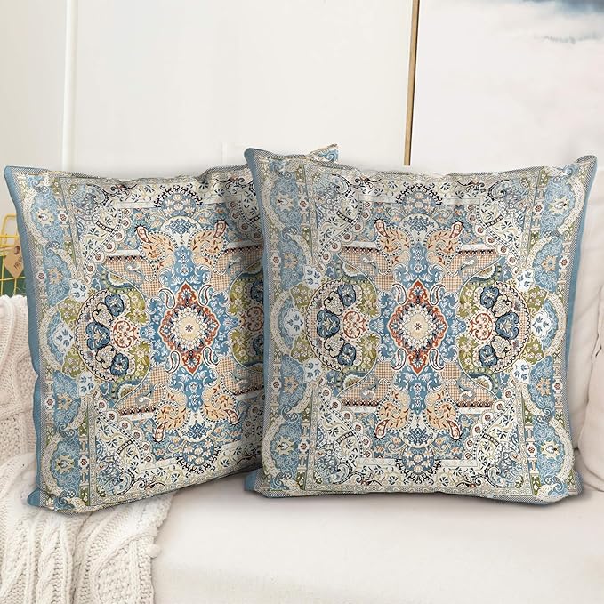 Boho Floral Throw Pillow Covers 16x16 inch Set of 2,Blue Boho Rug Geometric Floral Pattern Decor Double Sided Pattern Cushion Cover Soft Pillow Case Living Sofa Room Bed Square Pillow Cover