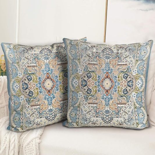 Boho Floral Throw Pillow Covers 18x18 inch Set of 2,Blue Boho Rug Geometric Floral Pattern Decor Double Sided Pattern Cushion Cover Soft Pillow Case Living Sofa Room Bed Square Pillow Cover