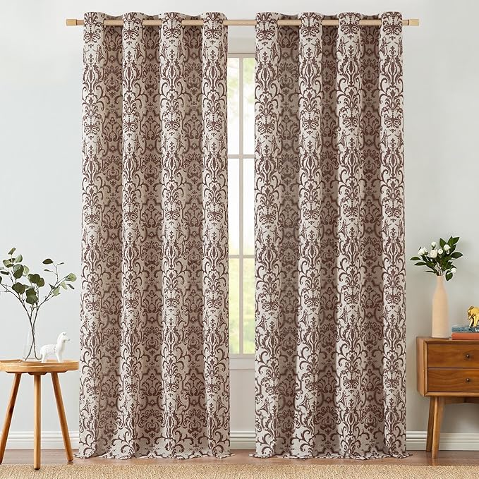 jinchan Linen Curtains for Living Room & Bedroom - Brown Damask Patterned Curtains, 96 Inches Long, Light Filtering, Vintage Baroque Style Drapes with Grommet Window Treatments - 2 Panels Set