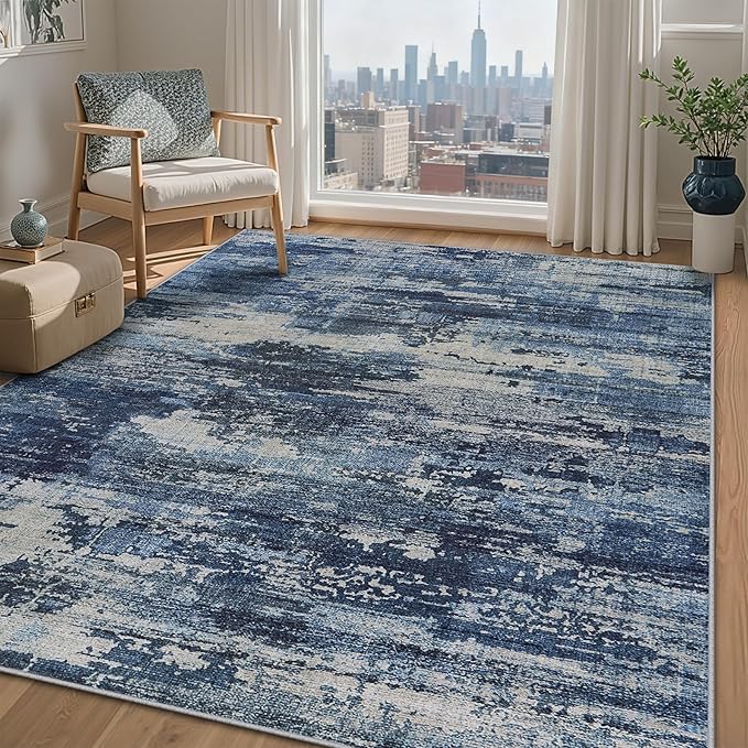 Area Rug Living Room Rugs: 5x7 Rug for Bedroom Machine Washable with Non Slip Backing Non Shedding Abstract Stain Resistant Large Carpet for Dining Room Nursery Home Office - Beige/Blue