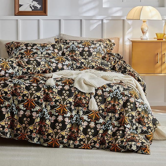 mixinni Vintage Floral Duvet Cover King Size Farmhouse Boho Duvet Cover Set Cotton Percale Flowers Pattern Printed Bedding Set with 2 Pillowcases Perfect for Him and Her-King Size