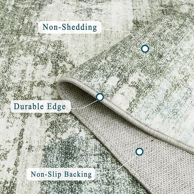 3x5 Rug, Small Area Rug for Living Room, Bedroom, Kitchen, Machine Washable Non-Slip Throw Rug, Modern Abstract Carpet for Entryway Nursery Coffee Table, Green