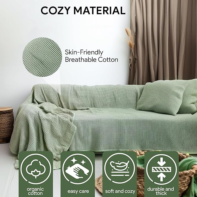Waffle%100 Cotton Couch Cover - Perfect for L-Shape, U-Shape & Sectional Sofas, Washable Couch Cover, Extra Large Sofa Cover, 3, 4 Seater Slip Cover (Sage Green, 71x150 inches - 180x380 cm)