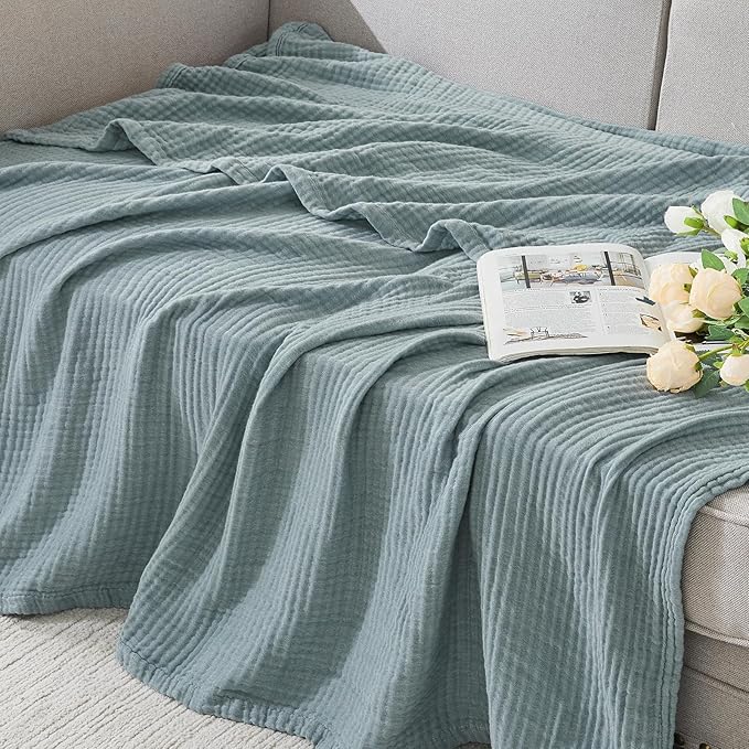 EMME Cotton Muslin King Blanket Bed Layering Bedspread Coverlet Breathable Gauze Blanket Soft Lightweight (Heather Teal, 108"x90")