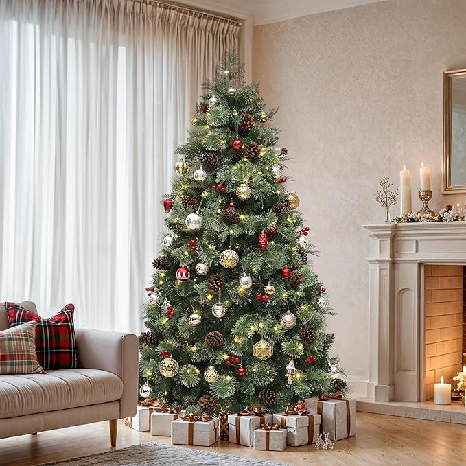 YITAHOME 7.5ft Prelit Carolina Pine Christmas Tree with Remote, Artificial Green Hinged Christmas Tree w/ 1200 Mixed Tips, Pine Needles, 45 Pinecones, 48 Red Berries, 400 Lights & 11 Modes