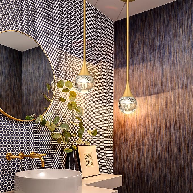 1-Pendant Lights Kitchen Island, Brass Gold Globe Crystal Ceiling Hanging Light Fxitures, LED Light Fixtures Metal Rod Ceiling Glass Pendant Lighting for Kitchen Island Dining Room Bar