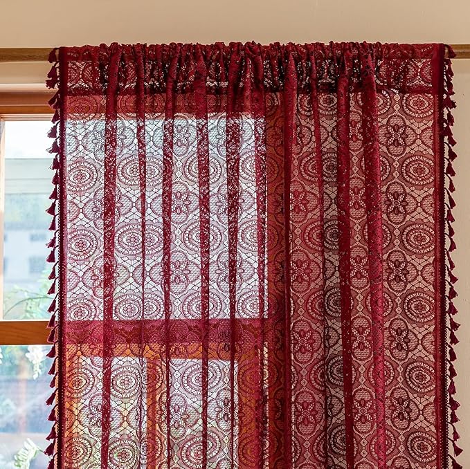 YJ YANJUN Burgundy Red Sheer Curtains 54 inch Length 2 Panels Crochet Christmas Kitchen Window Curtains Boho Short Lace Curtain Panels, Tassel, Light Filtering, Winter Holiday Decor 59 W x 54 L Wine