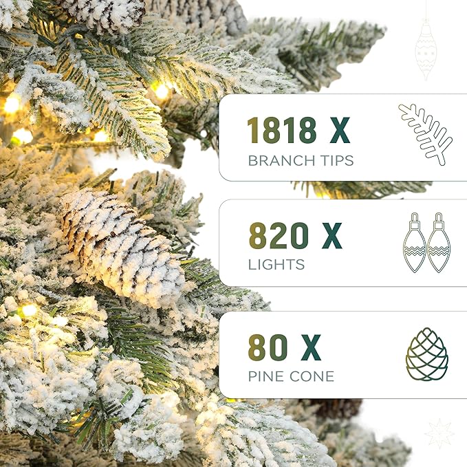 YITAHOME 9FT Prelit Flocked Christmas Tree w/Remote, Pre-Decorated Mountain Pine Hierarchical Tower Flocked Xmas Tree w/ 1818 Tips, 80 Pine Cones, 820 Lights & 11 Modes for Home, Party Decoration