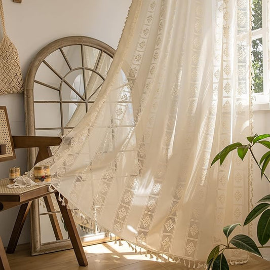 Sutuo Home Beige Boho Curtains 2 Panels Crochet Lace Patchwork Semi Sheer Bohemian Handmade Tassels, Rod Pocket Window Treatment Vintage Rustic Farmhouse Drapes for Living Bedroom, 52" W x 84" L