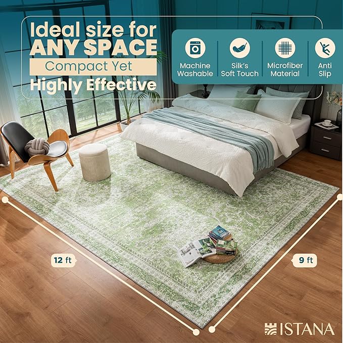 Istana 9x12 Area Rug - Light Green 9 x 12 Area Rugs for Living Room - Foldable 9x12 Rugs for Bedroom/Living Room Rug -Stain Resistant Washable Rugs - Eco-Friendly Area Rugs