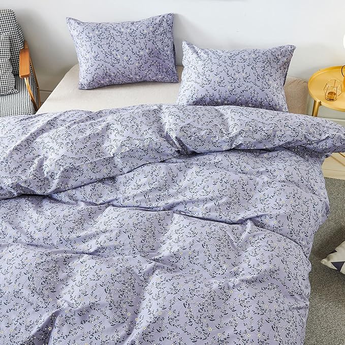 HoneiLife Duvet Cover King Size - 100% Cotton Comforter Cover Floral Duvet Cover Sets,Pale Purple Duvet Cover with Zipper Closure and Corner Ties,3pcs Wildflower Comforter Cover Sets- Lavender Grey