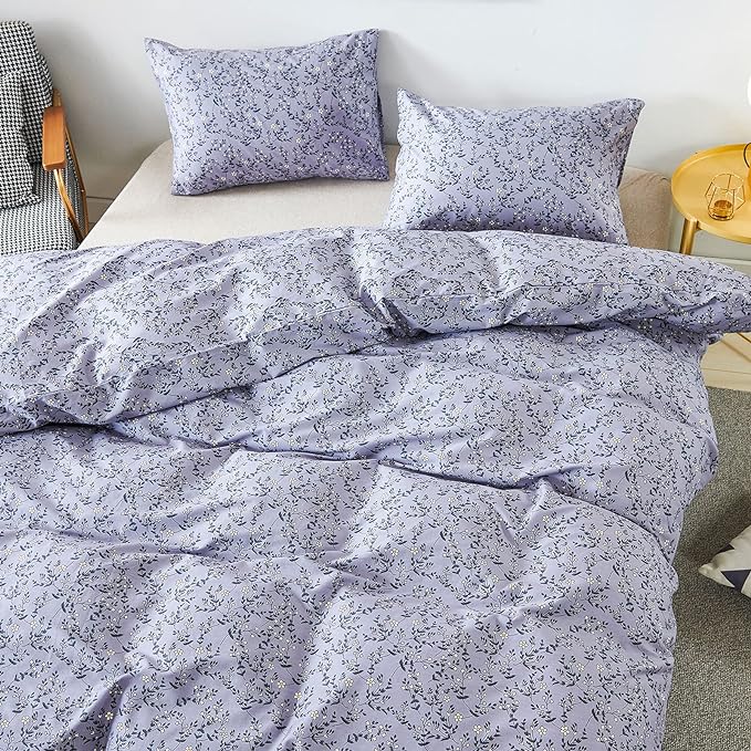 HoneiLife Queen Size Duvet Cover - Cotton Comforter Sets, Floral with Zipper Closure & Corner Ties, Pale Purple, Soft & Breathable - Lavender Grey, 3Pcs