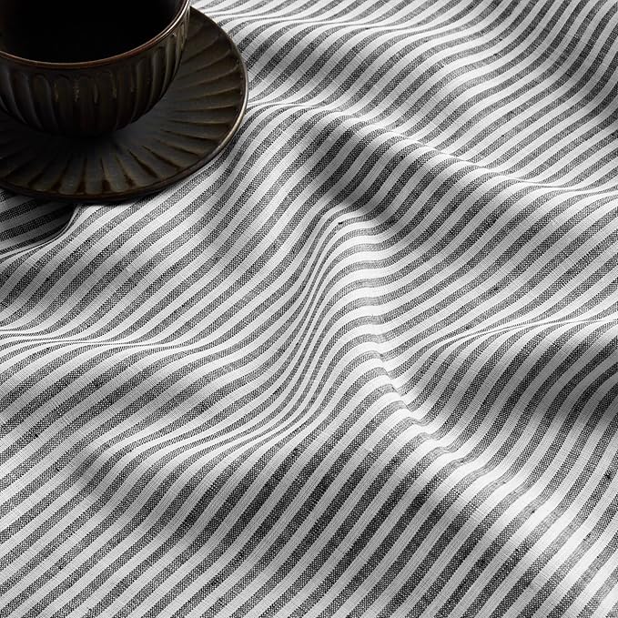 Solino Home Linen Striped Tablecloth 60 x 108 Inch - 100% Pure Linen Black and White Table Cloth for Rectangle Tables - Narrow Stripe, Machine Washable Tablecloth for Fall, Winter, Thanksgiving