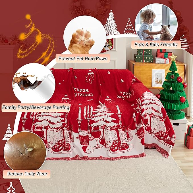 MYSKY HOME Christmas Couch Cover, Sofa Cover for 2 Cushion Couch, Non-Slip Soft Sofa Slipcover Protector, Sofa Covers Washable, Couch Covers for Sectional Sofa, Sofa Towel for Pet Cat Dog, 71" x 102"