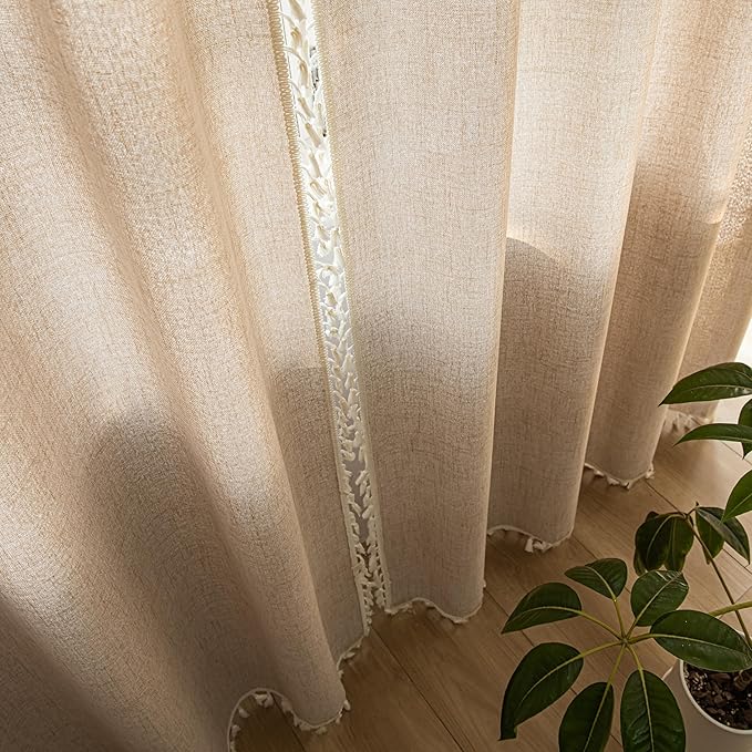 Sutuo Home Boho Curtains 96 Inches Long, Bohemian Linen Style Textured Curtains with Tassels for Living Room Semi Blackout Farmhouse Drapes, Rod Pocket Window Treatments 2 Panels, 52" x 96", Coffee